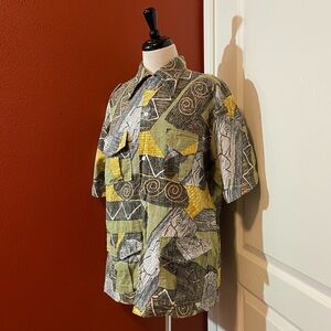 Napili Men’s Vintage 70s Hawaiian Aloha Geometrical Bark Cloth Hawaii Made Shirt